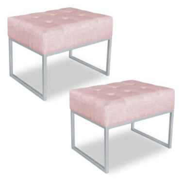 Imagem de Kit 02 Puffs Lisa Suede Rosa Bebê Base Metálica Industrial Prata - Pal