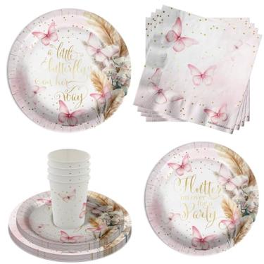 Imagem de Conjunto de utensílios de mesa Butterfly para chá de bebê, 64 peças, inclui pratos de papel grandes de 23 cm, pratos de sobremesa, copos e guardanapos, kit para 16