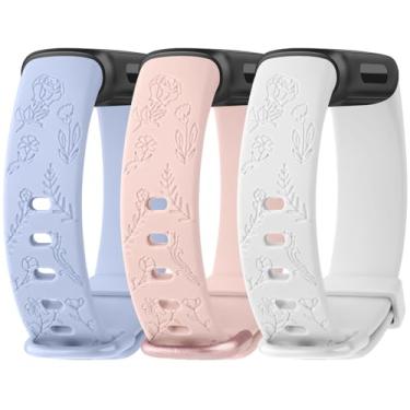 Imagem de Meliya Pulseira de substituição para Fitbit Inspire 3 para mulheres e homens, pulseiras de silicone com gravação floral para Fitbit Inspire 3 Fitness Tracker (azul bebê + rosa + branco)