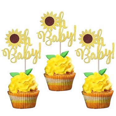 Imagem de Pacote com 24 topos de cupcake de girassol Oh Baby dourado glitter chá de bebê palhetas de cupcake de girassol para tema revelação de gênero chá de bebê decoração de bolo suprimentos