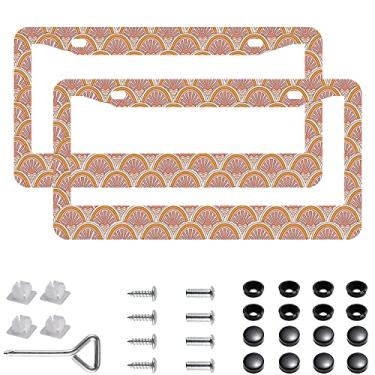 Imagem de 2 peças retro pôr do sol moldura de placa de licença suportes de aço inoxidável retro pôr do sol capa de placa de licença com tampa de parafuso e conjunto de chave de fenda - 2 furos para meninas