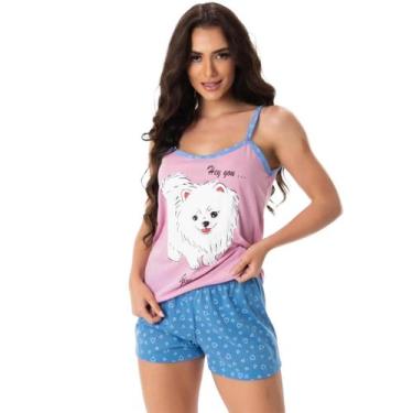 Imagem de Baby Doll Feminino Cachorro Alça Fina Pijama Adulto Short Malha Estamp