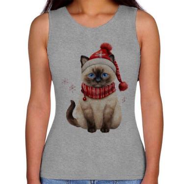 Imagem de Regata Feminina Gato Natalino Gorro e Cachecol - Foca na Moda, Cinza, 