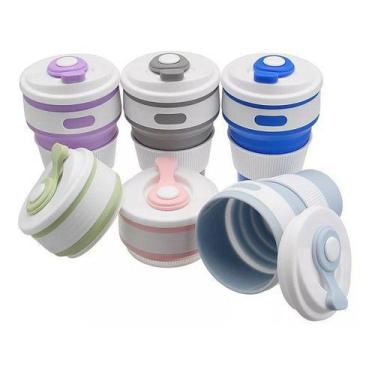 Imagem de Copo Retrátil C/ Tampa Silicone 350ml Reutilizável Pronta - OEM, Cinza