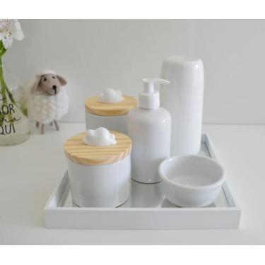 Imagem de Kit Higiene Porcelanas Bebê K161 Bandeja MDF Espelho Tampa Pinus Nuvem