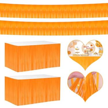 Imagem de Saias de mesa com franja metálica 4P para mesas retangulares pano de fundo cortinas de guirlanda para desfile, boias de casamento, formatura, aniversário, decoração de festas de aniversário (laranja