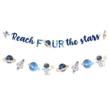 Imagem de Fangleland Faixa Reach Four the Stars, faixa de aniversário com tema do espaço sideral do universo, decorações de aniversário de 4ª galáxia espacial com astronautas, foguetes, planetas, guirlanda