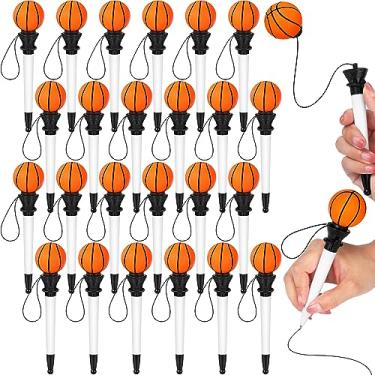 Imagem de Lincia Caneta esferográfica esportiva divertida de 24 peças de argola, caneta esportiva novidade em massa, plástico, esportes, futebol, basquete, beisebol, tênis, caneta temática, para festa de aniversário, prêmio, lembrancinha de festa (basquete)