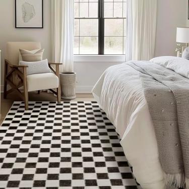 Imagem de EVERGRACE Tapete xadrez xadrez 22 x 30 cm, tapetes macios de lã sintética lavável, antiderrapante, tapete grande para entrada, quarto, sala de estar, corredor, cozinha e lavanderia, preto e branco