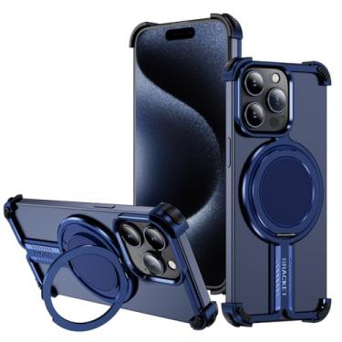 Imagem de Capa de telefone de metal com amortecedor de liga de titânio para iPhone 12 13 14 15 16 Pro Max 16Plus 16Pro com suporte magnético de rotação de 360° e sem aro, azul marinho, para iPhone 15 Plus