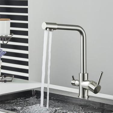 Imagem de Purificação Torneira de Pia de Cozinha Deck Mount Handle 360° Rotação Misturador de Água Fria Quente Filtro de Água Potável Torneira, Escova de Níquel, tamanho único