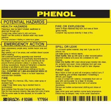 Imagem de Brady 93586, Etiqueta do material perigoso: Ponto 5800.4-1987, 9,5 cm de altura x 11,5 cm de largura, preto em amarelo, legenda "Fenol" (25 por embalagem)