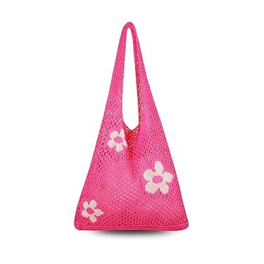 Imagem de Arcimatto Sacola de crochê, bolsas de praia femininas de malha estética de verão, bolsas hobo para meninas bolsa Y2k acessórios de grunge de fadas, Multicolorido., Large, Flor vermelha rosa