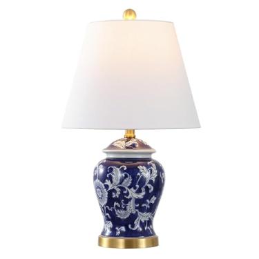 Imagem de JONATHAN Y JYL3005D Penelope 55,88 cm French Country Cottage Cerâmica/Ferro Chinoiserie Gengibre Jar Lâmpada de mesa LED, azul marinho/branco para quarto, sala de estar, escritório, faculdade