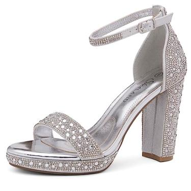 Imagem de Shoe Land Salto plataforma feminino - Sandálias de salto grosso com tira no tornozelo, bico aberto elegante salto alto para mulheres, sapatos confortáveis de formatura, casamento e festa 2025, Prata