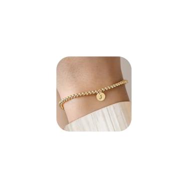 Imagem de BAYLAY Pulseiras femininas com inicial de ouro - Pulseira com inicial com contas folheadas a ouro 18 quilates, pulseira delicada de disco, pulseiras de ouro para mulheres, joias de ouro, presentes, 6,