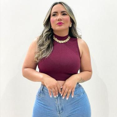 Imagem de Blusa Feminina Estilo Cropped Canelado Top Moda Blogueira Gola Alta - 