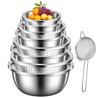 Imagem de ATPWONZ Conjunto de escorredor de aço inoxidável 8+1 com tigela de mistura, 4 tamanhos (1,8QT, 2,3QT, 4QT) com 1 coador de malha, para lavar arroz, frutas, legumes, escorrer macarrão, carne e