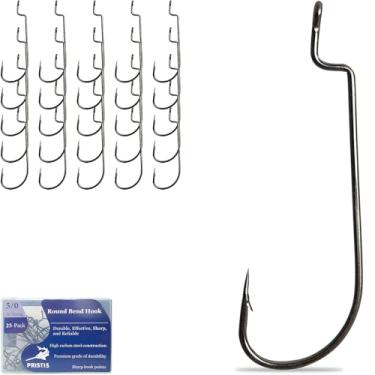 Imagem de Pristis Pacote com 25 ganchos de minhoca redondos 5/0, bico de aço de alto carbono, anzóis em linha para água salgada e doce, conjunto de ganchos de pesca a granel, minhoca, anzóis farpados fortes