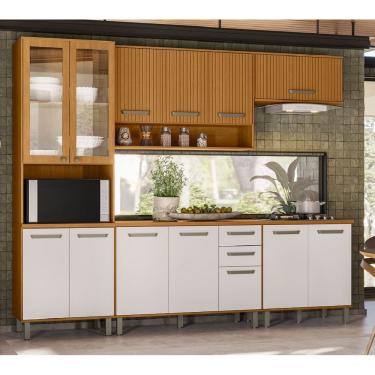 Imagem de Armário de Cozinha Modulada Criare Portas com Detalhes Ripado - Freijó/Ripado/ Off Acetinado Poliman