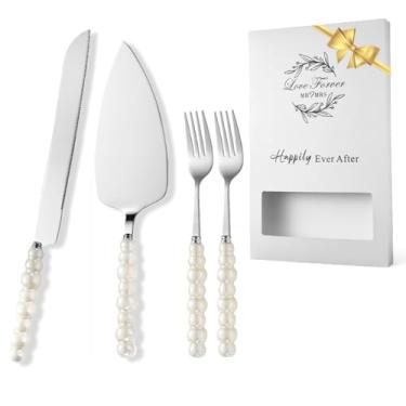 Imagem de Conjunto de 4 facas e servidor de bolo de casamento, conjunto de corte de bolo de cerâmica pérola, cortador de torta de aço inoxidável, presente de casamento (prata)