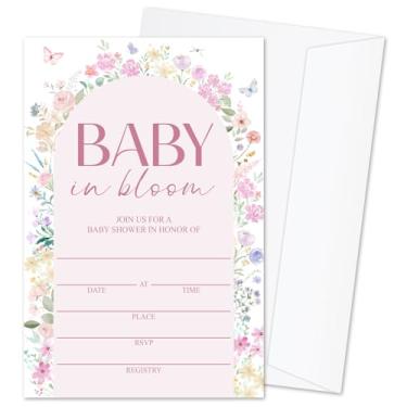 Imagem de mermermu Convites de chá de bebê Baby in Bloom para meninas e meninos, cartões de convite de anúncio de bebê floral, 25 conjuntos de convites de chá de bebê com envelopes, suprimentos de festa de