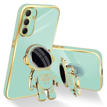 Imagem de Easyscen Capa para celular Samsung Galaxy A35 5G 6D astronauta design com suporte oculto para câmera à prova de choque capa traseira macia verde claro