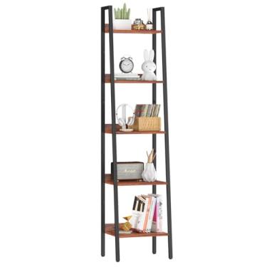 Imagem de Yoobure Prateleira de escada, prateleira de canto de escada alta de 5 camadas, prateleira de livros industrial, estante estreita, prateleira de armazenamento em pé, prateleira de exibição para quarto