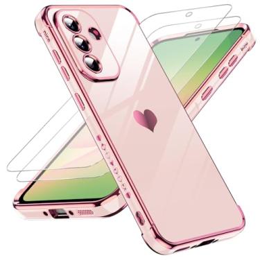 Imagem de LeYi Capa para A56 5G: com protetor de tela de vidro temperado [2 peças] + proteção total da lente da câmera, amor coração chapeamento feminino capa de luxo macio TPU à prova de choque para A 56 5G