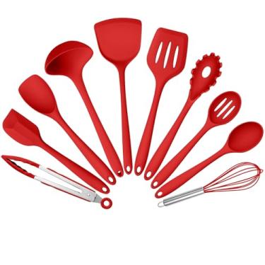 Imagem de Conjunto de 10 utensílios de cozinha de silicone, conjunto de utensílios de cozinha para cozinhar, 230 °C, utensílios de cozinha de silicone resistente ao calor com espátula, concha de sopa, colheres
