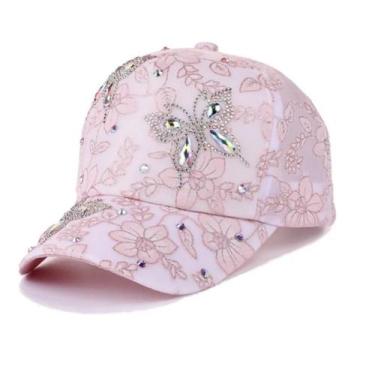 Imagem de Boné de Beisebol Feminino com Strass, Flor e Borboleta - Aba Curvada e