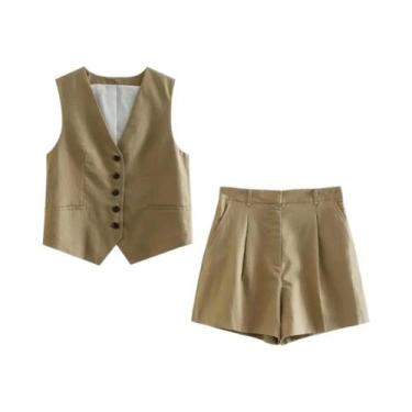Imagem de Conjunto Blazer e Shorts de Linho Marrom para Mulheres - Estilo Retrô,