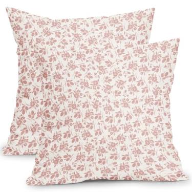 Imagem de Capas de travesseiro florais vintage 45,7 x 45,7 cm rosa e creme com estampa de blocos decorativos para ambientes externos conjunto de 2 fronhas com detalhes boho rústicos neutros para sofá