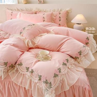 Imagem de MOOWOO Jogo de cama com babados de renda floral - Sweet Girl Chiffon Ruffles Conjunto de capa de edredom - 3 peças (1 capa de edredom completa 203 x 232 cm, 2 fronhas) Roupa de cama estética para