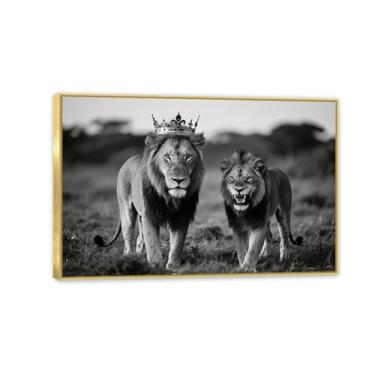 Imagem de Arte de parede de leão preto e branco rei e rainha leoa decoração de parede imagem coroa animal selvagem casal impressões prontas para pendurar 60 x 40 cm (24 x 16 pol) moldura dourada