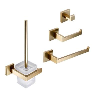 Imagem de Toalheiro dourado fosco, barra de toalhas de aço inoxidável 304, prateleira dupla para toalhas, suporte para papel, suporte para lenços de papel, suporte para escova de banheiro, kit, 4 peças, 01