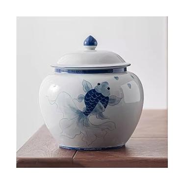 Imagem de Lata de Chá Vasilhas de chá Koi pintadas à mão sob o vidrado Frasco de vedação de cor Grandes vasilhas vazias chinesas multifuncionais para uso doméstico Lata de Chá(Blue,Grande)