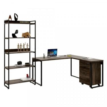 Imagem de Home Office Industrial 3 Peças 1 Escrivaninha em L 1 Estante e 1 Gaveteiro Kuadra Carvalho Dark