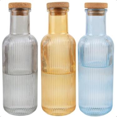 Imagem de Kit 3 Garrafas de Vidro Canelado para Água Suco 1 Litro Colorida Grace com Tampa Rolha (Azul - Preta - Ambar)