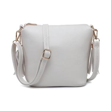 Imagem de JEN & CO. Bolsa transversal feminina Dylan com borlas e alça de ombro ajustável removível couro vegano, Branco