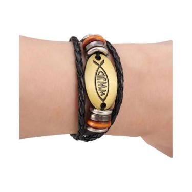 Imagem de Pulseira Masculina De Couro Multicamadas Com Contas De Jesus, Joia Rel