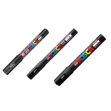 Imagem de Canetas marcadoras de tinta fina preta Uni POSCA, 3 tamanhos de pontos diferentes por pacote: PC-1M-24 (0,7 mm), PC-3M-24 (0,9~1,3 mm), PC-5M-24(1,8~2,5 mm) - total de 3 canetas - Feito no Japão