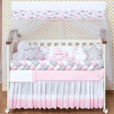 Imagem de Kit Berço Trançado Completo Chuva de Amor Cabeceira Nuvem Rosa Gota Me