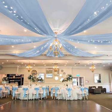 Imagem de Showgeous Cortinas de teto azuis empoeiradas 6 painéis 1,5 m x 6 m cortinas de teto de casamento cortina de tecido drapeado para decoração de festa cerimônia de palco de evento