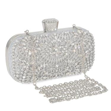 Imagem de DA BODAN Bolsa clutch feminina de cristal brilhante com strass brilhante e lantejoulas para noite para festa de casamento, formatura, Prata