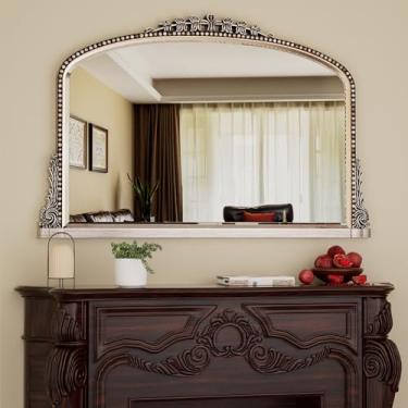 Imagem de Espelho de parede, espelho de banheiro esculpido vintage 61 cm x 91 cm espelho de parede com moldura de metal antigo para quarto, sala de estar, entrada, lareira, corredor, prata