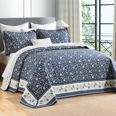 Imagem de SahSahCasa 100% algodão, 325 x 304,8 cm, conjunto de colcha de cama king californiana, grande, acolchoado, extra grande, reversível, GG, edredom leve, azul marinho/branco/cinza