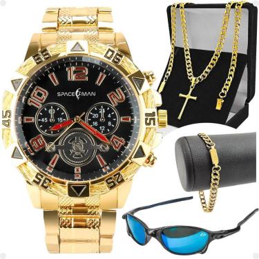 Imagem de Relogio Masculino Banhado + Cordão + Oculos Sol + Pulseira Religioso Social Proteção Uv Analogico