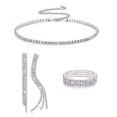 Imagem de 3 peças de brincos pendentes de corrente de borla de strass conjunto de joias de casamento para mulheres nupcial cristal franja declaração gota brinco CZ gargantilha correntes brilhantes joias