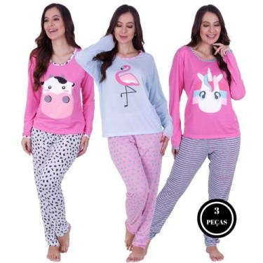 Imagem de Kit 3 Pijama Longo Estampado - c9 KIT 3 BICHINHO LONGO VAQUINHA FLAMIN